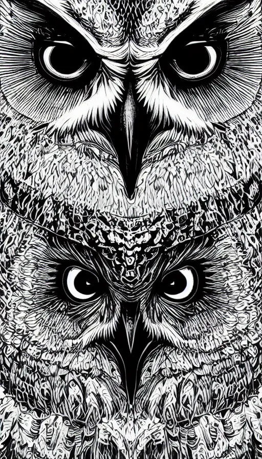 Prompt: black and white illustration head of a owl, super detailed, by dan mumford, by adams ansel, high contrast, monochromatic