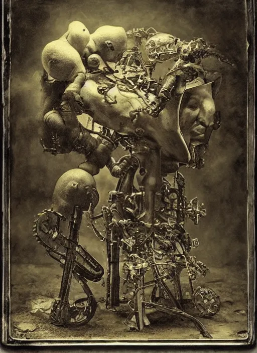 Image similar to old wetplate daguerreotype birth of a cyborg in times of eternal summoning, fractal, intricate, elegant, highly detailed, parallax, leica, medium format, subsurface scattering, by jheronimus bosch and greg rutkowski and louis jacques mande daguerre