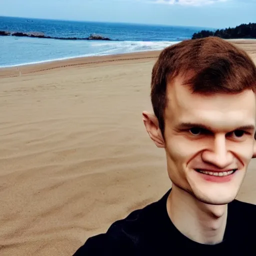 Image similar to vitalik buterin on a red beach taking a selfie