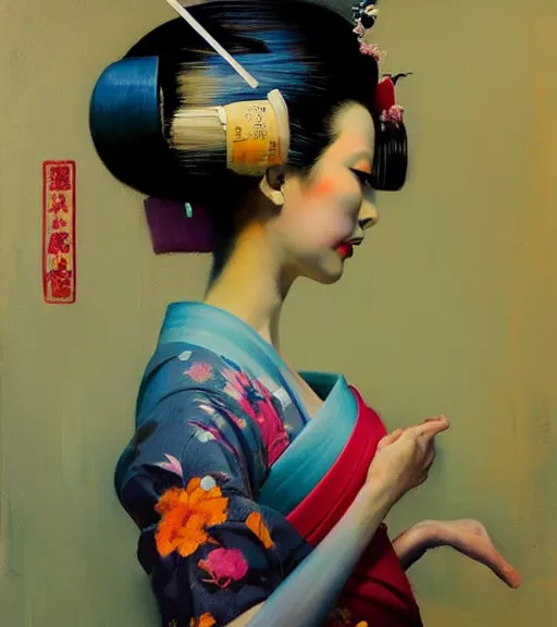 Image similar to delightful geisha, sleepwalk by bartholomew beal, alfio presotto, rhads, salustiano garcia cruz, lita cabellut, contemporary art, mixed media, whimsical art, detailed,