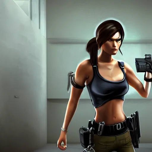 Prompt: lara croft in handcuffs, police station interior,