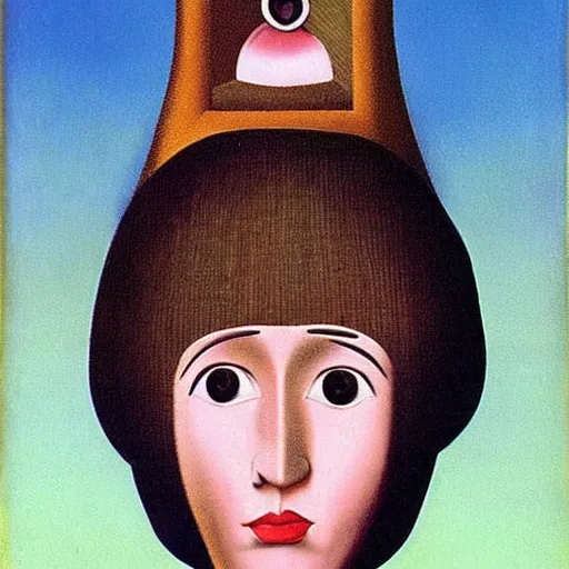 Image similar to very detailed portrait of angela anaconda. painted by rene magritte, 1 9 2 7. oil on canvas.