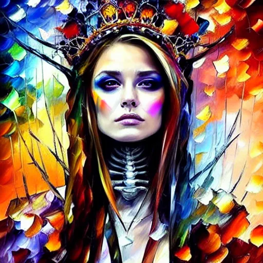 Prompt: strikingly beautiful queen of bones, casting spells, realism, elegant, intricate, particles, portrait photography by leonid afremov and carne griffiths