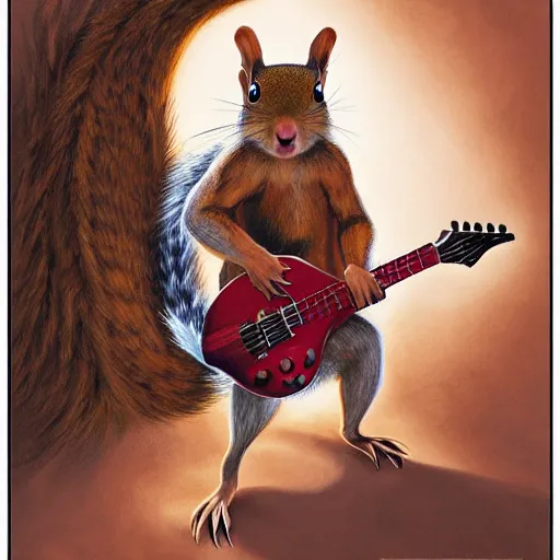 Image similar to a dnd character, a squirrel playing electric guitar, by Alex horley