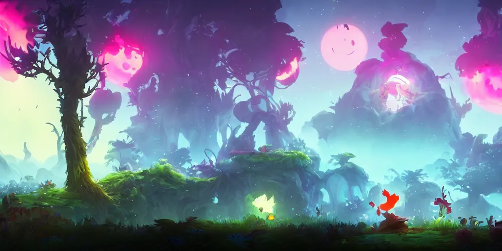 Image similar to Ori and the blind forest, SOTN, wonder boy, dead cells, hollow knight Portrait of a trees side scrolling, Very Cloudy Sky, Sun, Neon Lights, Subject in Middle, Rule of Thirds, 4K, Retrofuturism, Studio Ghibli, Simon Stålenhag