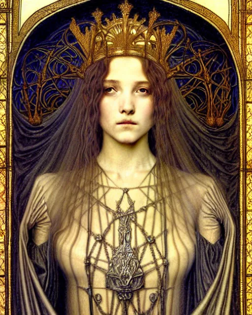 Image similar to detailed realistic beautiful young medieval queen face portrait by jean delville, gustave dore and marco mazzoni, art nouveau, symbolist, visionary, gothic, pre - raphaelite. horizontal symmetry