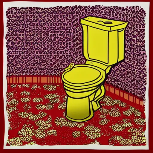 Image similar to a golden toilet with red flowers embossed into the material, the toilet is shiny, junji ito, varying locations, varying angles, color restoration
