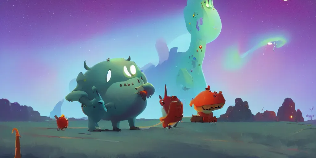 Prompt: cute monsters and Aurora borealis by Goro Fujita and Simon Stalenhag and Pixar and Ralph Steadman, 8k, trending on artstation, hyper detailed, cinematic