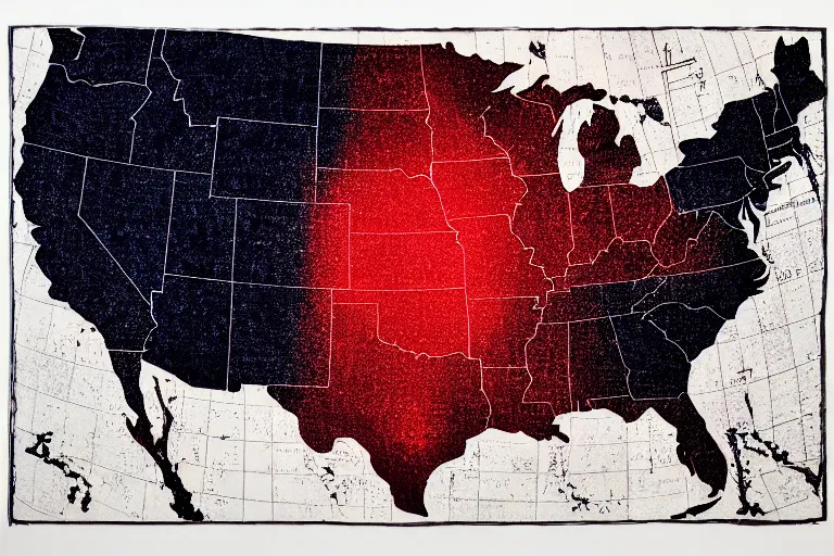 Prompt: map of united states torn in two burning,linocut, moody, Karolis Strautniekas, Mads Berg, stippled light, dramatic lighting,editorial illustration, detailed,fine texture, matte print,dynamic composition,dark blue+dark red+dark +beige+white+black