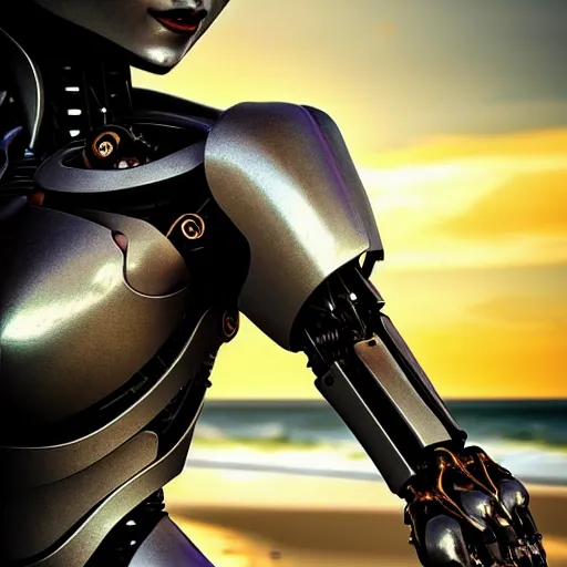 Prompt: cinematic chest up shot, realistic detailed stunning beautiful humanoid anthropomorphic female robot dragon, looking to the side with an elegant pose of hand on hip, smooth and streamlined armor and design made of steel, sharp claws and sharp teeth, high quality head, Slick LEDs, on the beach during sunset, high quality, cinematic art, sci fi, sunset lighting, 3D render, 8k, artstation, deviantart, furaffinity