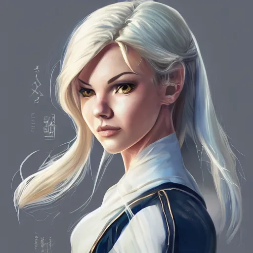 Image similar to epic portrait an beautiful waitress in a white uniform and short sleeves carriyng coffee, front facing symmetrical centered painted portrait, just one head, Elisha Cuthbert as a D&D Paladin, RPG character avatar, Blizzard concept art, pixar, dreamworks, global illumination lighting, trending on artstation, by lois van baarle, ilya kuvshinov, rossdraws