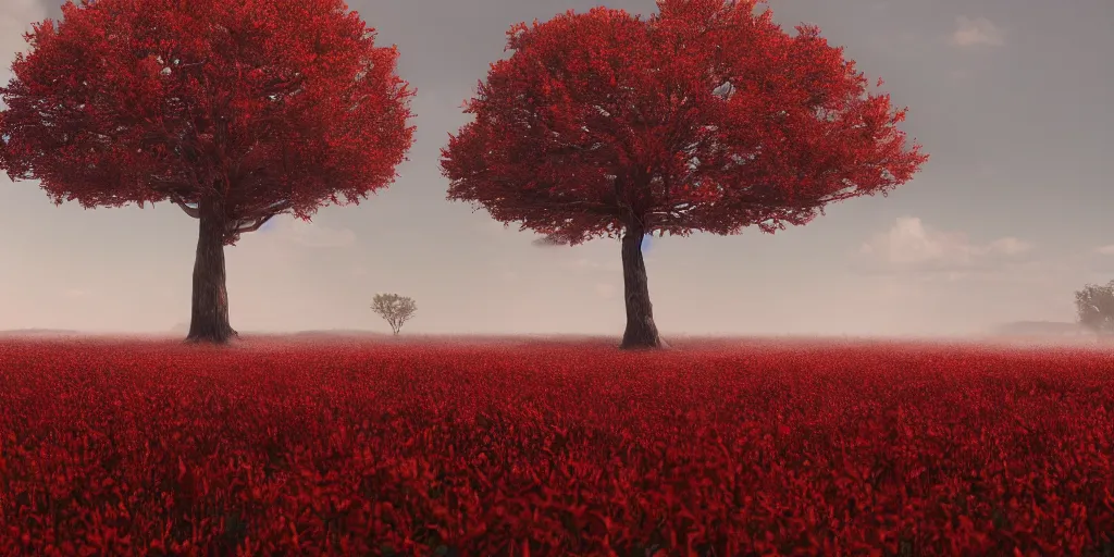 Image similar to a single big red tree in the middle of a battlefield near a bunch of red flowers at sunrise, hyperrealistic, concept art, octane render, unreal engine 5, trending on Artstation, high quality, 8K, dramatic lighting, cinematic, high coherence, highly detailed, Midjourney style, epic scene, path traced, low contrast, complementary colors