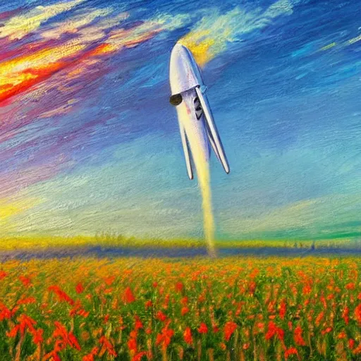 Prompt: spacex starship rocket landing in a field of flowers at sunset, impressionist painting