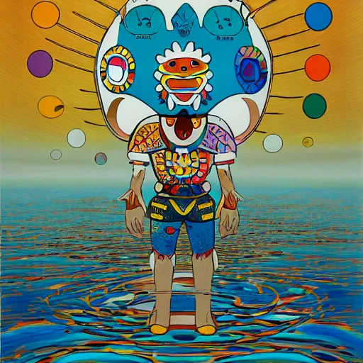 Prompt: a mayan warrior walking on water under the moon by takashi murakami, ernst haekl and james jean, aya takano color style, 4 k, super detailed