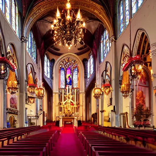 Prompt: a church with a red carpet and chandeliers, a colorized photo by pacita abad, shutterstock contest winner, baroque, sanctuary, ornate, colorized