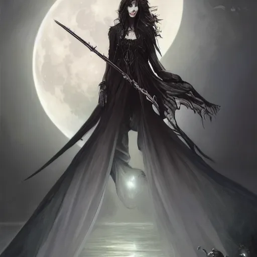 Image similar to the grim reaper as a gorgeous young girl, dark fantasy, intricate, very huge elaborate scythe, very huge black angel wings, elegant, glowave blood moon, full moon, highly detailed, digital painting, artstation, concept art, wallpaper, smooth, sharp focus, illustration, art by artgerm and greg rutkowski and alphonse mucha