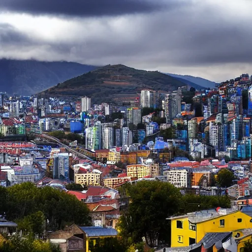 Prompt: City on a hillside, futuristic city on mountainside, red yellow and blue buildings, clouds on hill