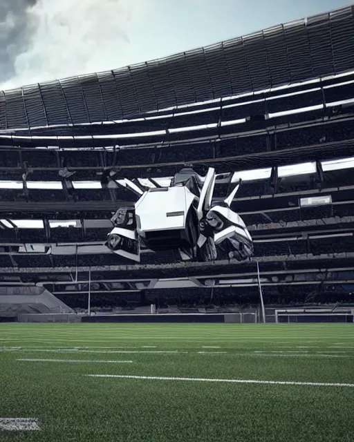 Image similar to a futuristic stadium with a giant black and white gundam on the field, unreal engine, hyper realism, realistic shading, cinematic composition, realistic render, octane render, detailed textures, photorealistic, wide shot