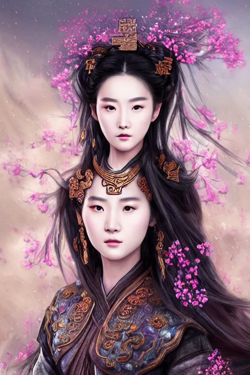 Prompt: beautiful ancient fantasy portrait of wuxia armored heroine Liu Yifei, Zhao Lu Si wearing like Xian Xia wardrobe, in forbidden City, hybrid from Dynasty Warriror, flowers sea rainning everywhere, intricate, very very beautiful, elegant, highly detailed, digital painting, beautiful glowing galaxy eyes, artstation, fantasy concept art, smooth, sharp focus, illustration, art by WLOP and alphonse mucha and tian zi