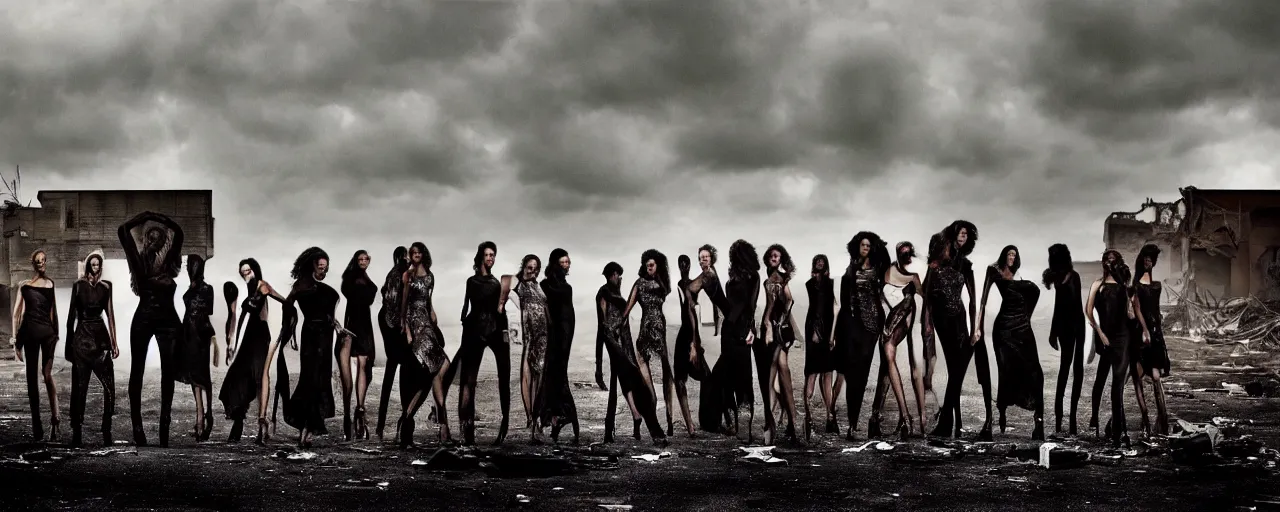 Prompt: a full length portrait of a small group of super models, by Lee Jeffries, center spread of a fashion magazine, background post-apocalyptic wasteland, a storm of nuclear fallout blasts accross the scene, the remains of collapsed buildings crumble in background, twisted bodies can be seen silhouetted in the far distance, faces bent downward,, hands clawing among the wreakage of their culture, Highly Detailed