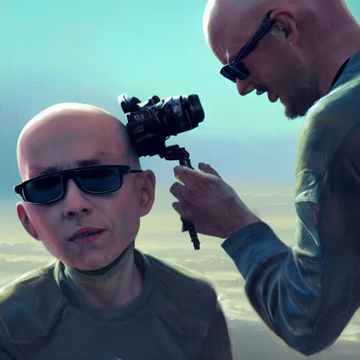 Prompt: wide shot of a bald boy with sunglasses is holding a cinema camera in a martian city, scifi, detailed realistic face, photorealistic oil painting, digital art, by charlie bowater, by jeremy lipking, by makoto shinkai, octane render, anime