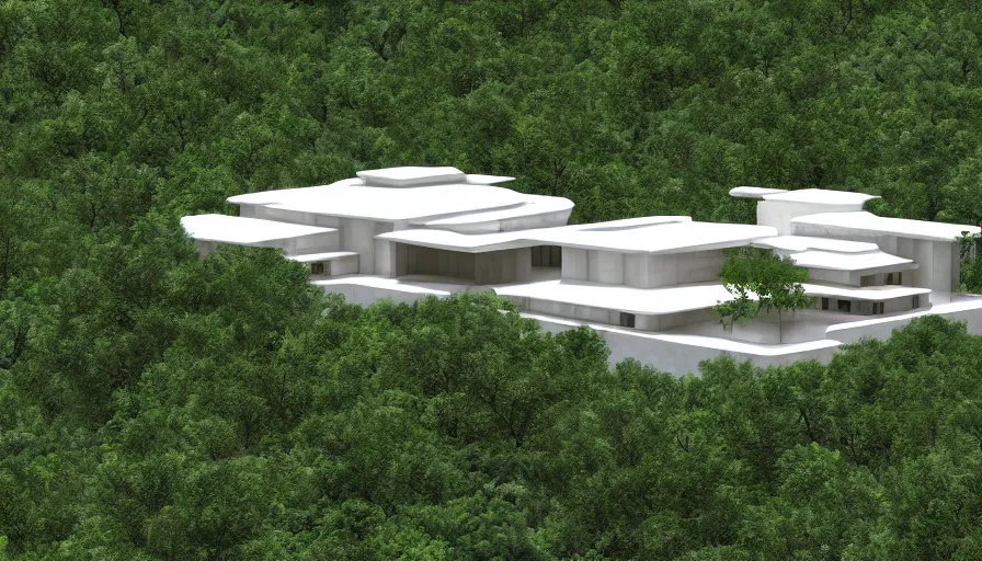 Image similar to white temple house inspired by tibetan and modernist architecture, on a green hill, overlooking a valley with trees, frank lloyd wright, realistic render, birdseye view