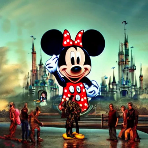 Image similar to a group of people standing around a mickey mouse, cyberpunk art by david lachapelle, cgsociety, sots art, dystopian art, reimagined by industrial light and magic, concept art