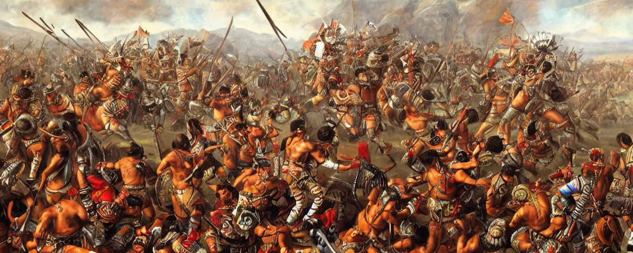 Image similar to spaniards conquerors fighting aztec jaguar warriors between the mexican pyramids, daniel lezama painting style, hyperrealistic, highly detailed