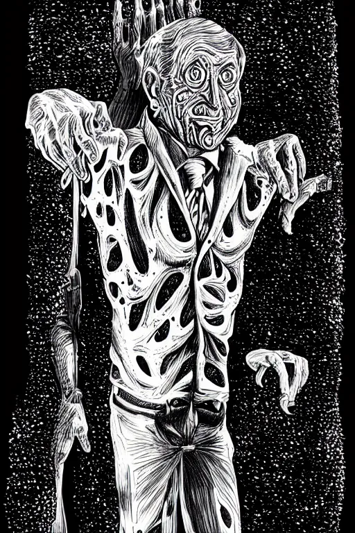 Image similar to George Soros full body portrait, body horror, black and white Illustration by Junji Ito