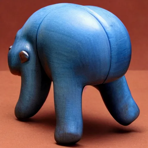 Image similar to small hippo statue, wood blocks bottom hippo body, blue chrome top hippo body, by a genius craftsman, highly detailed