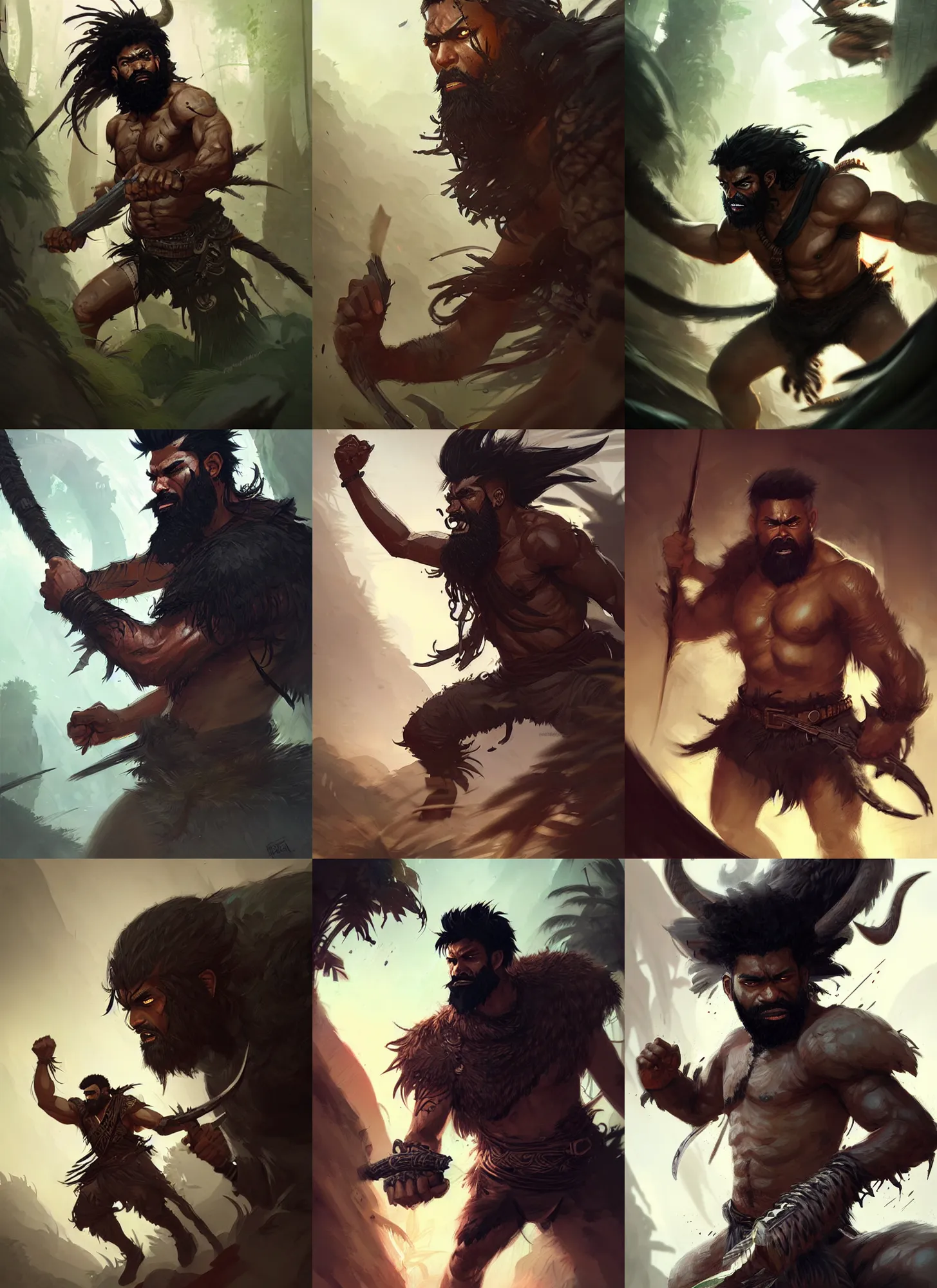 Prompt: jungle warrior, male, brown skin, black messy hair, beard, badass, angry, fight, high fantasy, dnd, illustration, by rossdraws, greg rutkowski, frank fanzzeta