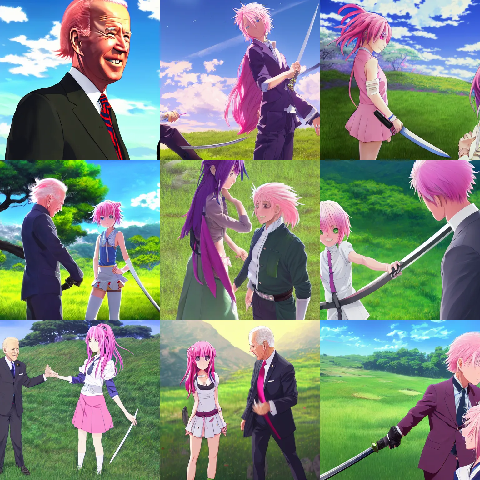 Prompt: photorealistic Joe Biden meets a beautiful anime swordfighter girl with pink hair on a bright green grassy hill with a deep blue sky in Genshin Impact, pixiv, game art, digital art, anime screenshot, kyoto animation, makoto shinkai, trending on artstation