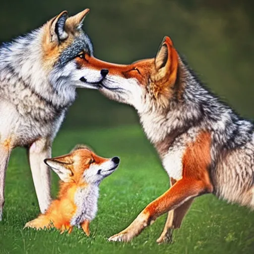 Image similar to wolf and fox kissing