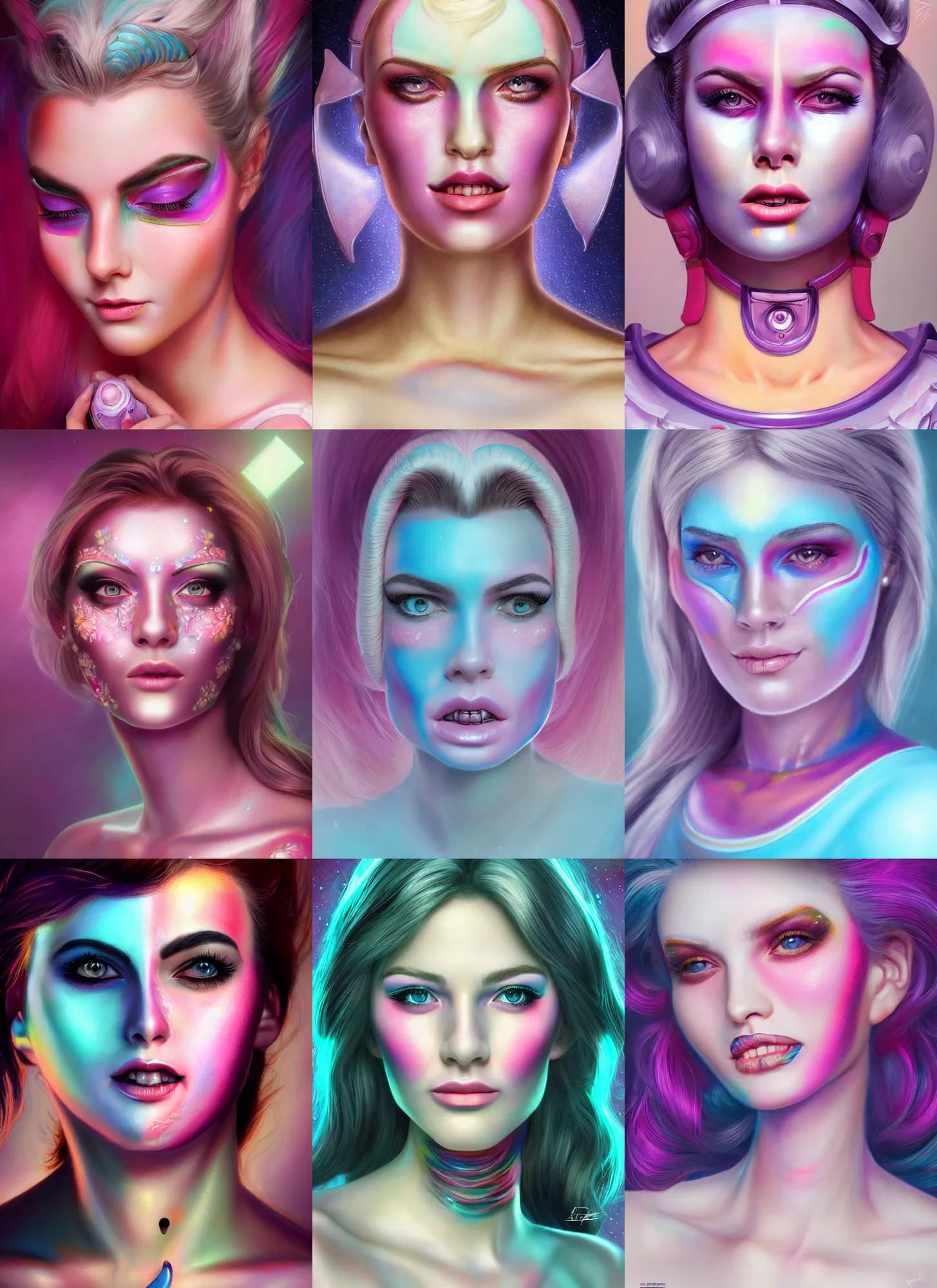 Prompt: breathtaking android woman portrait with pastel face makeup, eightees look, smiling, cute nose, retro, beautiful lights, vintage look, hyper realistic, illustration, airbrush, 8 k, intricate, duo tone, art by david la chapelle and philip castle, artgerm