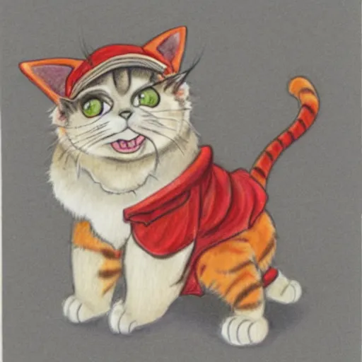 Image similar to person wearing a cat costume, anthropomorphic humanoid cat, extra fluffy Persian tabby cat standing on two feet, drawing by Don Bluth, colored pencil sketch with feathery lines, drawing by Yoshitaka Amano