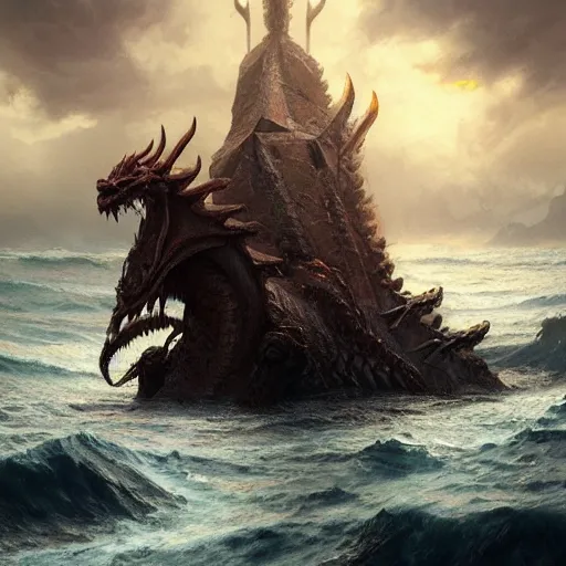 Image similar to A seven-headed dragon with ten horns coming out of the sea, well defined image , digital Art, Greg rutkowski, Trending artstation, cinematographic, hyperrealistic