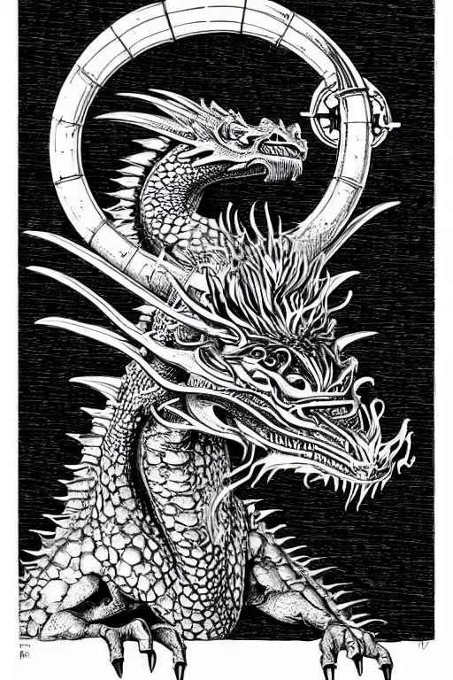 Prompt: hyper realistic dragon with steam punk breathing apparatus, white background, full frame, art by james o barr and albrecht durer, surreal woodblock print, black and white, vector, vector art