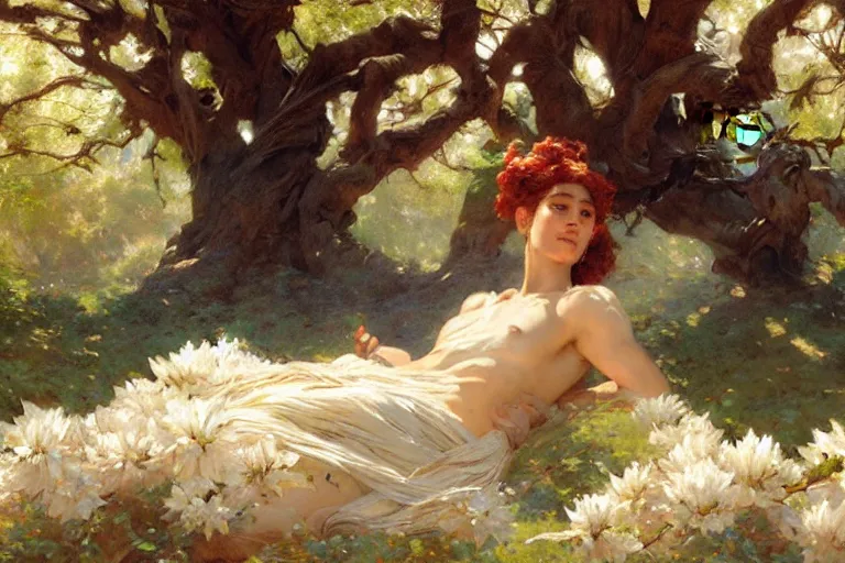 Image similar to a tired warrior relaxing under a huge tree with white flowers, fantasy, painting by gaston bussiere, craig mullins, j. c. leyendecker, trending on artstation