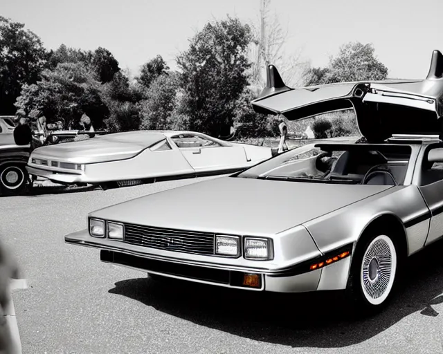 Image similar to a single delorean and 1 9 5 8 cadillac miller - meteor hybrid, lomography lady grey