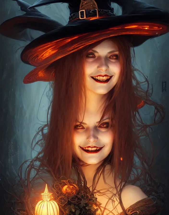 Image similar to halloween witch woman in a hat smiles, fantasy magic, undercut hairstyle, dark light night, intricate, elegant, sharp focus, illustration, highly detailed, digital painting, concept art, matte, art by wlop and artgerm and greg rutkowski and alphonse mucha, masterpiece