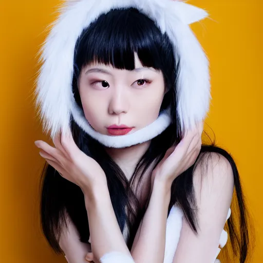 Prompt: full body aesthetic photograph of a beautiful young Japanese woman wearing fuzzy white cat ears, by Nick Knight, headshot, realistic, photorealistic, HD, 4k resolution