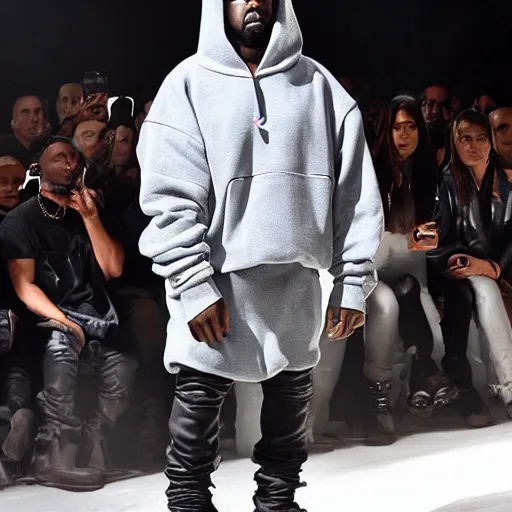 Prompt: kanye west wearing futuristic cyberpunk hoodie designs in a yeezy fashion show in space