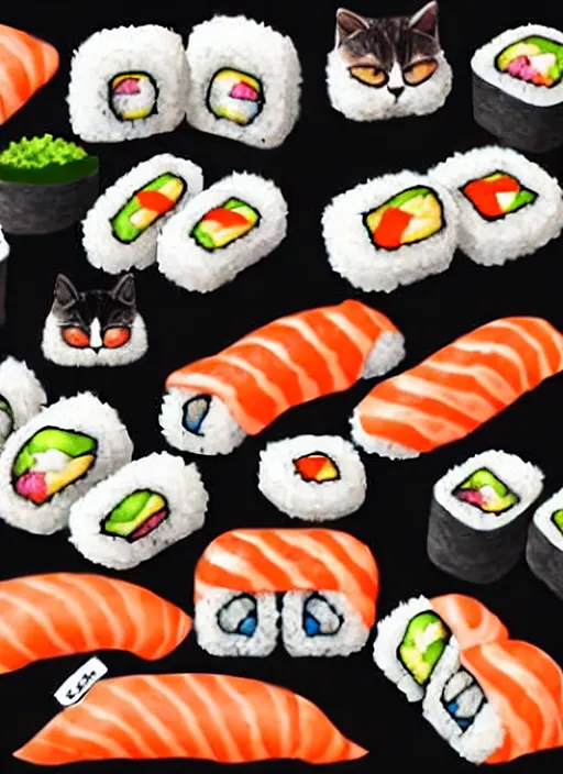 Image similar to clear photorealistic picture of adorable cats made out of sushi