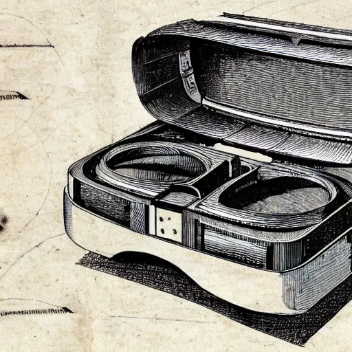 Prompt: Vintage, detailed, sketch of Oculus Rift, with full descriptions, on parchment, as depicted in Leonardo da Vinci's Codex Atlanticus