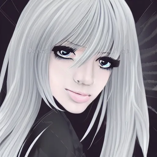 Prompt: young woman with long wavy ashen silver hair, with blackness instead of eyes, anime