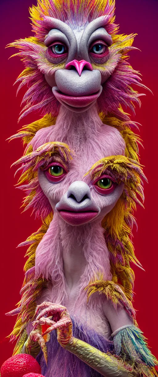 Image similar to hyper detailed 3d render like a Oil painting - kawaii portrait of two Aurora (a beautiful skeksis muppet fae princess protective playful personality from dark crystal that looks like Anya Taylor-Joy) seen red carpet photoshoot in UVIVF posing in scaly dress to Eat of the Strangling network of yellowcake aerochrome and milky Fruit and His delicate Hands hold of gossamer polyp blossoms bring iridescent fungal flowers whose spores black the foolish stars by Jacek Yerka, Ilya Kuvshinov, Mariusz Lewandowski, Houdini algorithmic generative render, Abstract brush strokes, Masterpiece, Edward Hopper and James Gilleard, Zdzislaw Beksinski, Mark Ryden, Wolfgang Lettl, hints of Yayoi Kasuma and Dr. Seuss, octane render, 8k