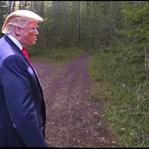 Prompt: trail cam footage of Donald trump