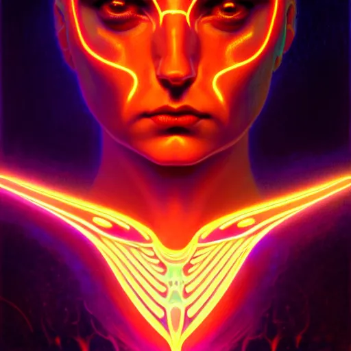 Image similar to tron angel, illuminated face, psychedelic sunset, diffuse lighting, hyper realistic, elegant, intricate, hyper detailed, smooth, sharp focus, concept art, illustration, trending on artstation, art by john collier, artem demura, greg rutkowski, james gurney, and alphonse mucha