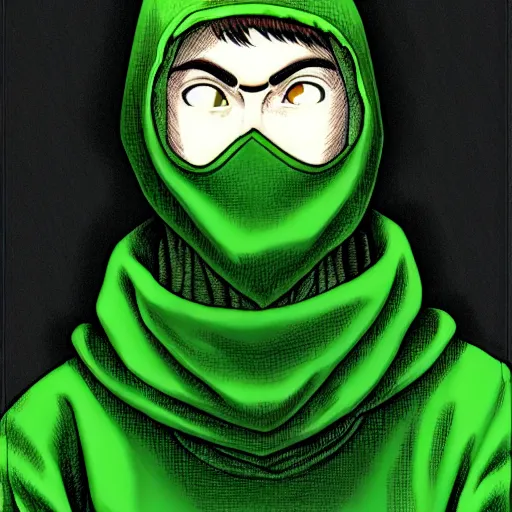 Image similar to portrait of programmer with green hood by junji ito