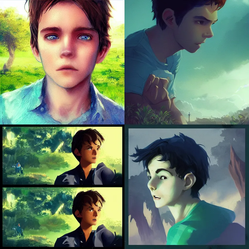 Prompt: The lost boy from neverland,green eyes,blue shirt,detailed, 8k hd,by rossdraws and greg rutkowski,in the style of a Instagram profile picture